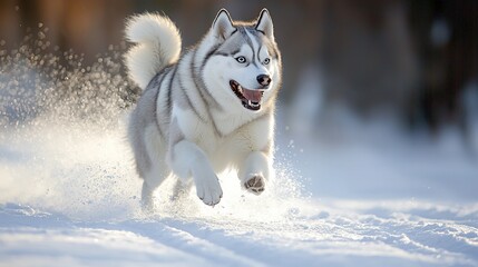 Naklejka premium Husky running joyfully through snowy landscape, trees background, pet portrait for adv