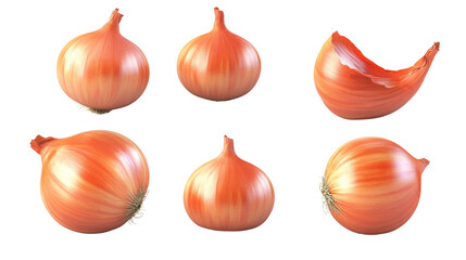 Fresh whole onions and a peeled onion slice displayed against a white background during a food preparation process