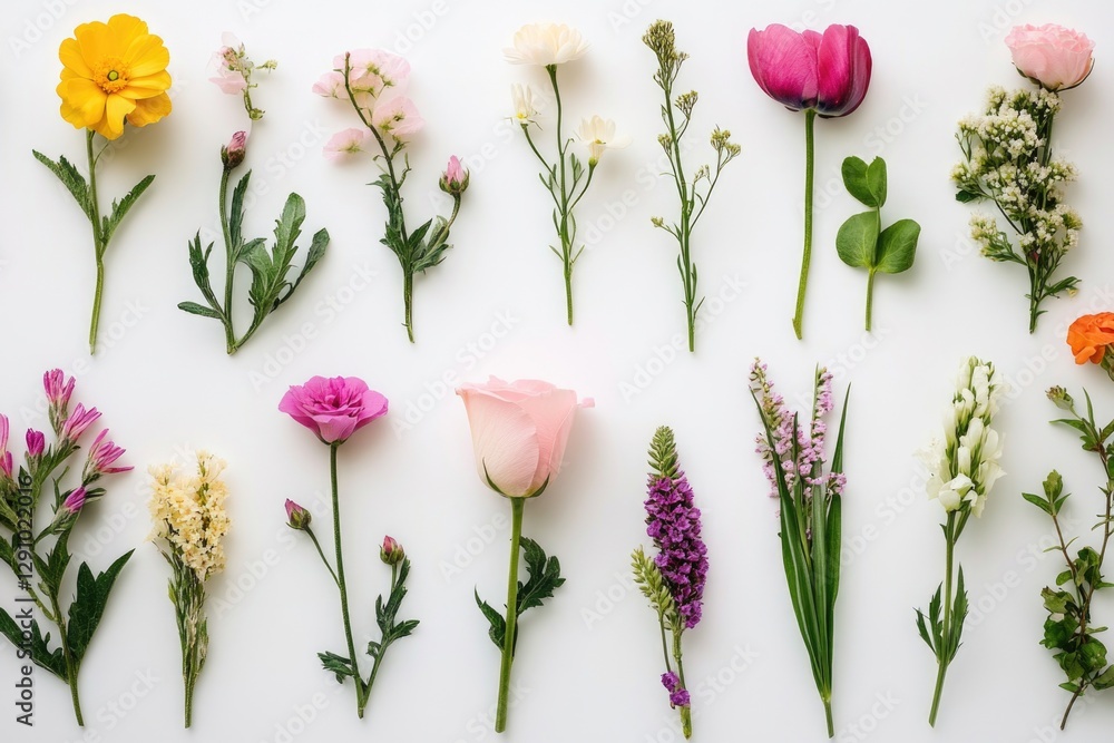 Poster a collection of various flowers on a clean white surface, ideal for use in designs and arrangements