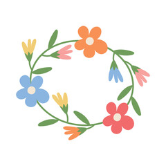 Round floral wreath with cute flowers and leaves.