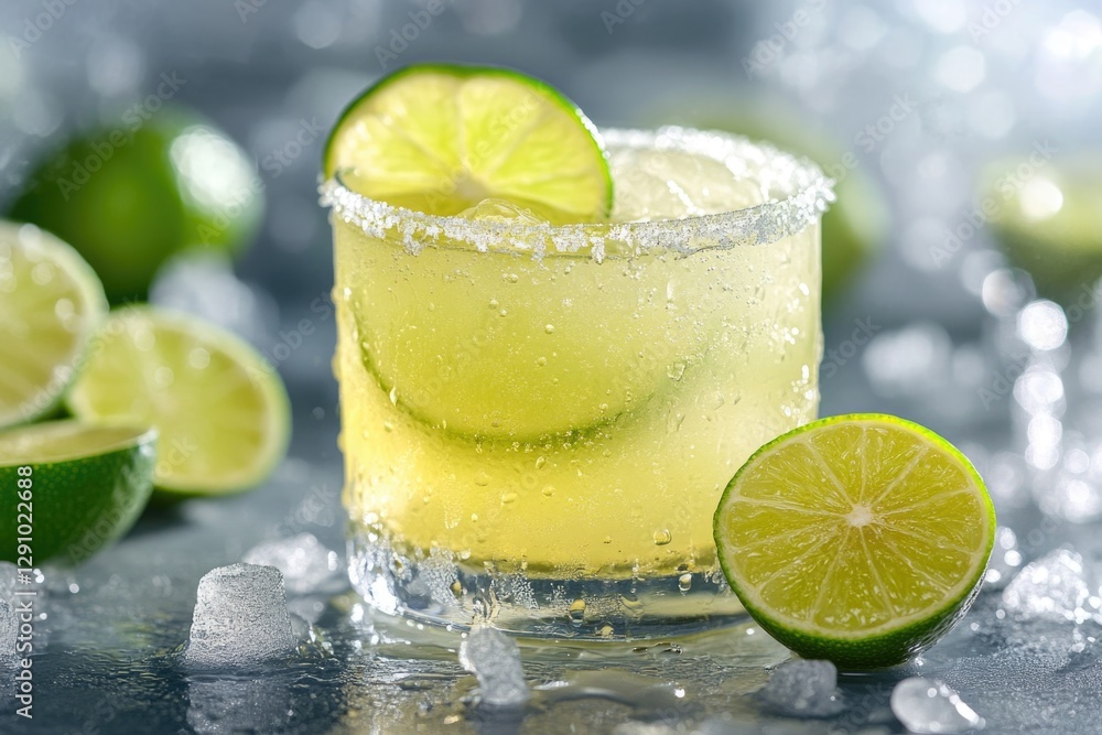 Poster a close-up shot of a refreshing drink with slices of lime on the side, perfect for a summer evening 