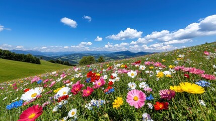 Expansive view of vibrant wildflower-covered hills under a sunny sky in a tranquil countryside setting
