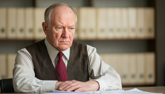 Thoughtful elderly man in vest, sitting at table with documents, reflecting on important matters