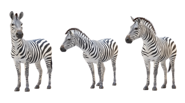 Three zebras showcasing their distinctive black and white stripes in a playful stance on a white background