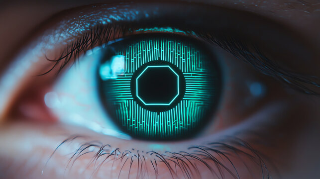 Futuristic biometric eye scanner with neon interface and intricate design