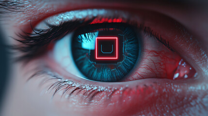 Futuristic biometric eye scanner with neon interface and intricate details