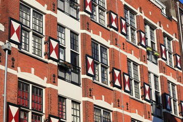 Amsterdam Oudezijds Kolk Historic Building Facade Detail with Painted Shutters, Netherlands