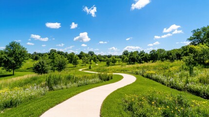 Winding trail through a rewilded city park adorned with vibrant greenery and wildflowers under a clear blue sky