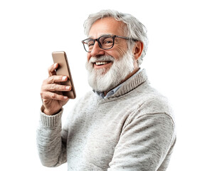 Happy senior man using mobile phone, isolated on transparent cutout background