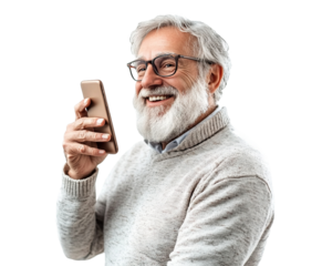 Happy senior man using mobile phone, isolated on transparent cutout background