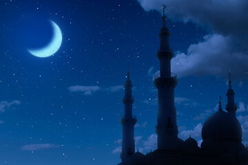View of the silhouette of the mosque with a crescent moon in the night scene background. Concept of...