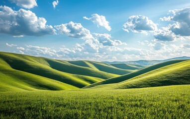 Obraz premium Rolling green hills under a clear blue sky with fluffy white clouds