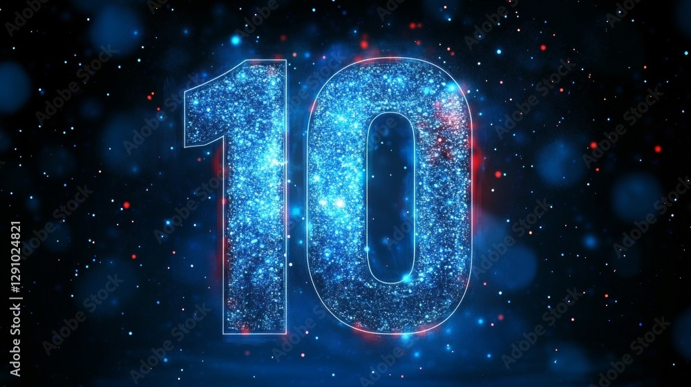 Poster glowing digital number ten background, abstract counting element with blue sparkles particles.
