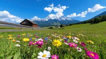 Fototapeta premium Rustic barn surrounded by vibrant wildflowers with majestic mountains in the background under a bright blue sky