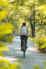 Obraz premium Courier carrying thermal backpack riding bicycle in city park