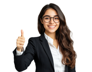 Confident businesswoman in glasses showing thumbs up, isolated on transparent cutout background