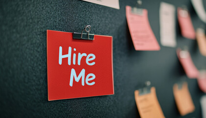 Red sticky note with Hire Me message on dark board, conveying urgency and job seeking