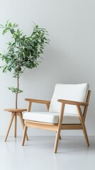 A chic, modern chair with a wooden frame sits beside a small table in a bright space adorned with a green potted plant, creating a serene environment