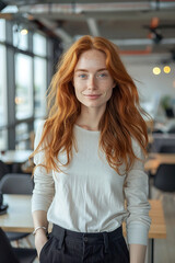 Confident young woman with red hair in modern office setting