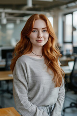 Confident young woman with red hair in modern office setting