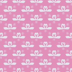  A seamless pattern featuring elegant swan couples forming a heart shape with their necks, surrounded by delicate floral elements on a soft pink background