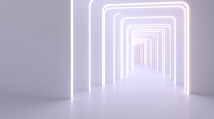 Fototapeta premium Minimalist corridor illuminated by glowing arches, creating sere