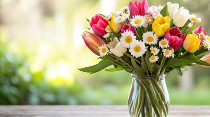 Obraz premium Bright and cheerful bouquet of tulips and daisies on a rustic wooden table in a sunlit garden