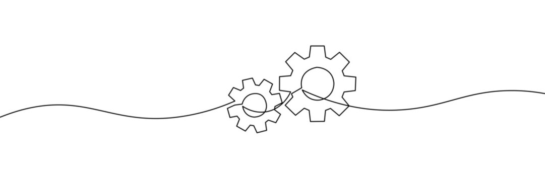 Simple continuous line drawing of two interlocking gears in a minimalist style. One line icon. Continuous line two interlocking gears icon. Vector illustration.
