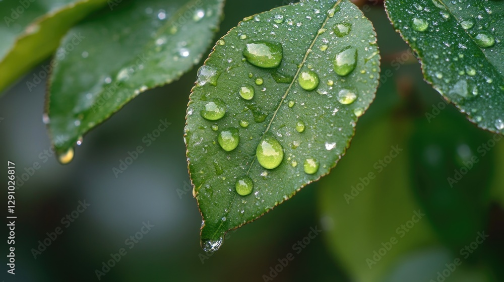 Poster a detailed view of a leaf with tiny water droplets on its surface
