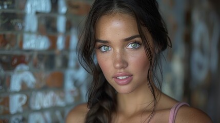 Obraz premium A young woman with long dark hair and captivating green eyes stands confidently with a gentle smile. Natural light highlights her features against an artistic wall backdrop