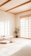 Fototapeta premium Soft textures and calming colors create a tranquil atmosphere in this Japandi space, highlighting natural materials and a seamless connection to nature