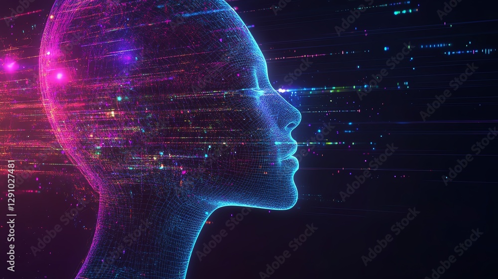 Poster virtual assistant concept, ai hologram interface, digital artificial intelligence chat technology, f