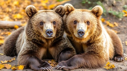 Obraz premium Two brown bears in autumn leaves