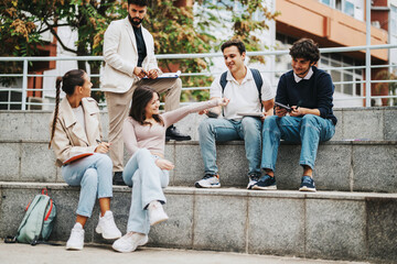 A group of diverse students collaborate on outdoor steps, engaging in a lively discussion with...
