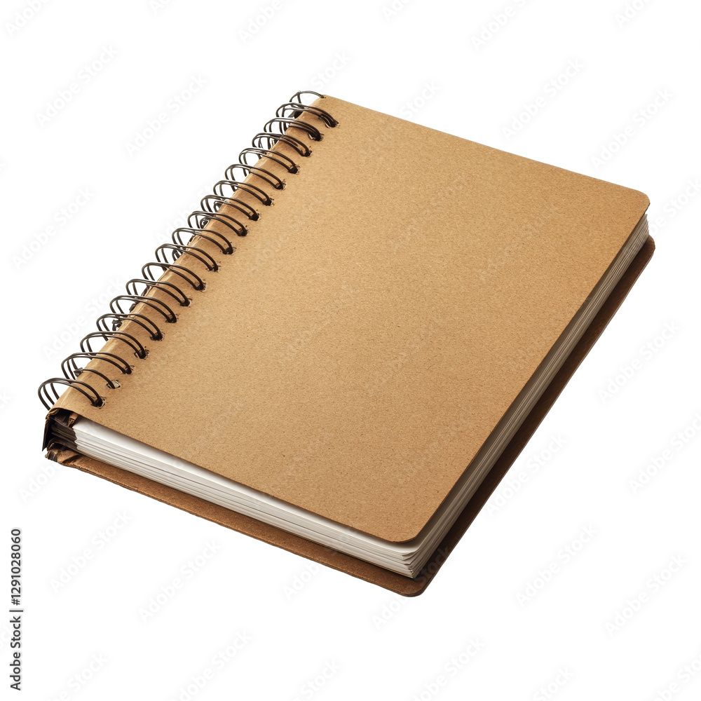 Poster a closed brown paper notebook with a spiral binding resting on a flat surface capturing a simple yet