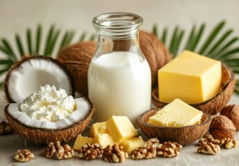 Fresh Dairy Products with Coconut and Nuts on a Rustic Table Surrounded by Greenery and Natural Elements for Culinary and Healthy Living Themes