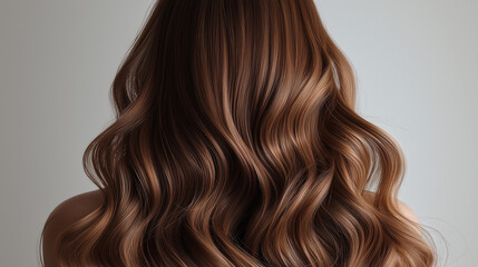 Fototapeta premium Radiant Locks: A close-up shot of a person's hair showcases a cascade of healthy, flowing brown hair with vibrant highlights, exemplifying beauty and style.