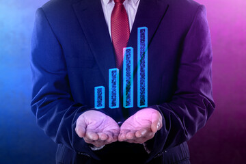 Businessman showing an economic chart and global trend. Concept of business growth, investment, or...