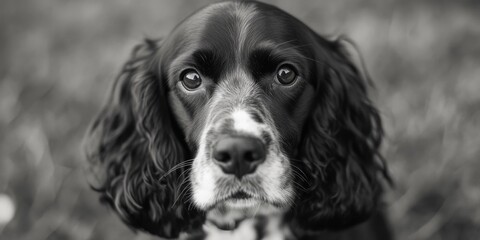 A monochrome image of a canine