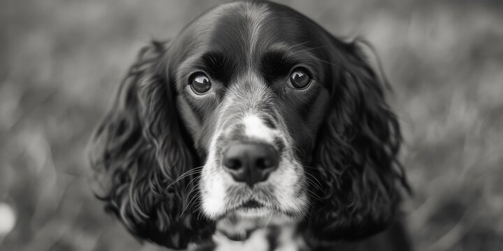 A monochrome image of a canine