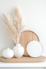 Decorative arrangement showcases stylish white vases and a round wooden tray highlighting pampas grass, adding warmth and elegance to a minimalist interior