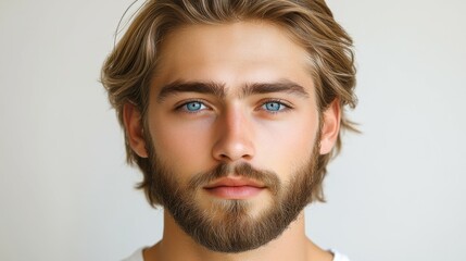 Obraz premium A young man with striking blue eyes and a well-groomed beard stands confidently, looking directly at the viewer, showcasing a calm and composed expression and a minimalistic setting