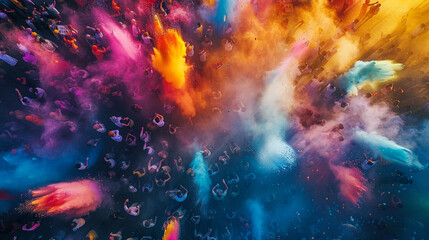 Aerial View of Holi Festival with People Throwing Colorful Powder in the Air, Bright Colors, Joyful Faces, High-Angle Cinematic Shot, Vibrant Festival Atmosphere