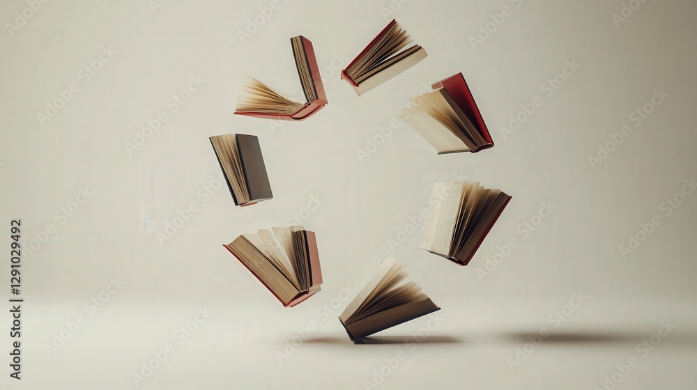 Poster 3d composition of several open books levitating in a circle, set against a plain, white background. 