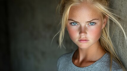 Naklejka premium A young woman with blonde hair and prominent freckles stares directly into the camera. She stands in a dimly lit space, with soft natural light highlighting her features
