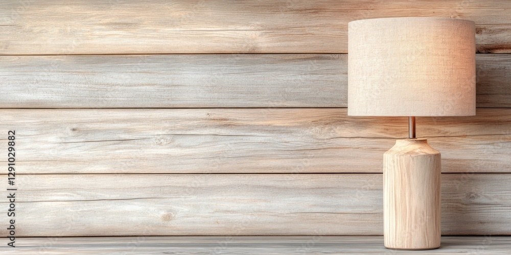 Poster a wooden lamp with a fabric shade stands against a rustic wall, creating a warm and inviting atmosph