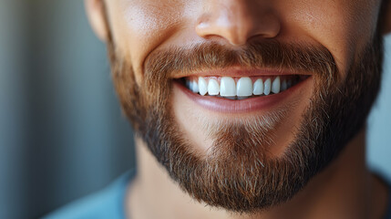 Fototapeta premium Radiant Smile: Close-up portrait of a young man's beaming smile revealing a set of sparkling white teeth. The image captures the essence of happiness, confidence, and a healthy smile. 