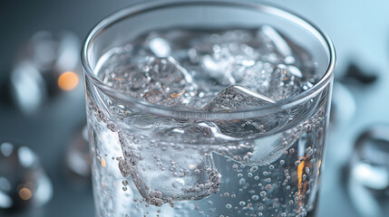 Cool Refreshment: Close-up of a refreshing glass of clear water with ice cubes, glistening in a sleek, modern setting.