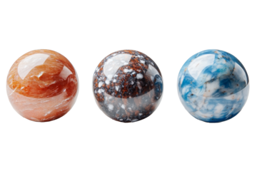 Three glass marbles with shiny surface in different colors in a row. Transparent background