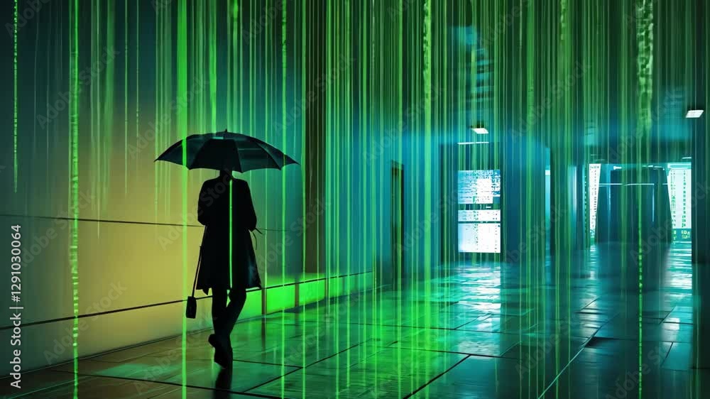Poster Digital code rain fills a dimly lit space with vibrant green light and shadow play, matrix digital code rain motion green